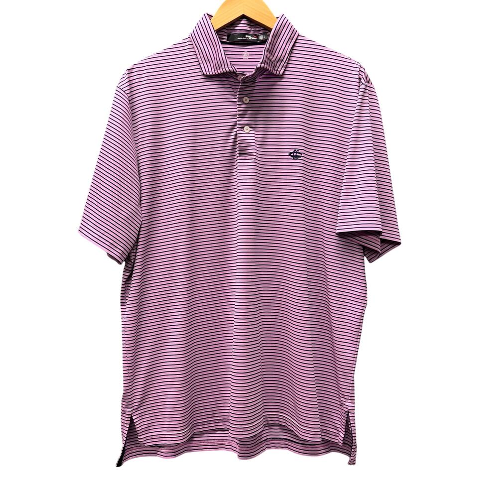 RLX Polo Shirt Mens Large Pink Black Stripe GOLF LOGO Wicking Performance